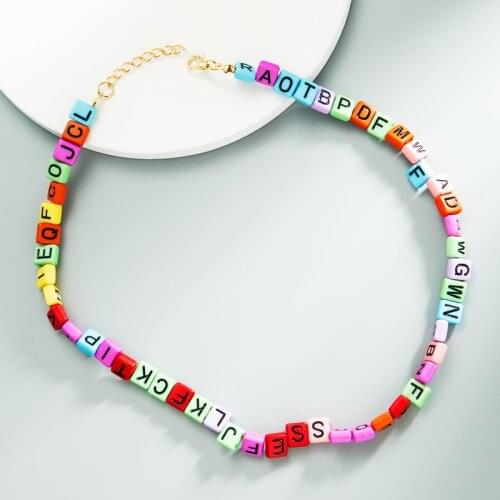 Minar Trendy Colorful Square Beads Chains Necklaces for Women Handmade Rainbow Beaded Letter Chokers Necklace Vintage Jewelry