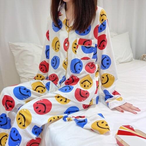 Cartoon smiling face pajamas women spring cotton long-sleeved couple set student home clothes Long Shirt Pants 2 Piece set