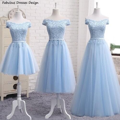 Off Shoulder A Line Bridesmaid Dresses Applique Lace Top And Tulle Skirt Maid Of Honor 2021 Light Blue Wedding Party Dress
