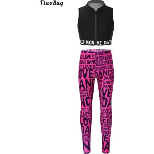 2021 Casual Summer Kids Girls Outfits Stand Collar Sleeveless Front Zipper Closure Tank Top And Letters Printed Leggings Sets