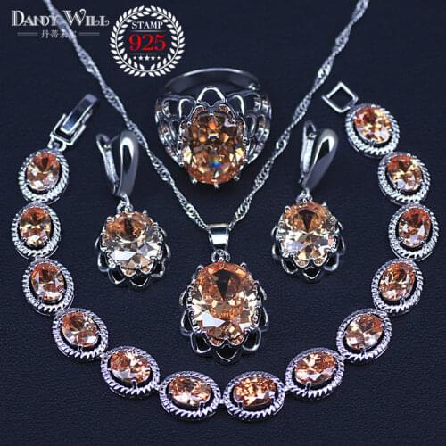 Silver color Bridal Jewelry Champagne Zircon Jewelry Sets For Women Earrings/Pendant/Necklace/Rings/Bracelet