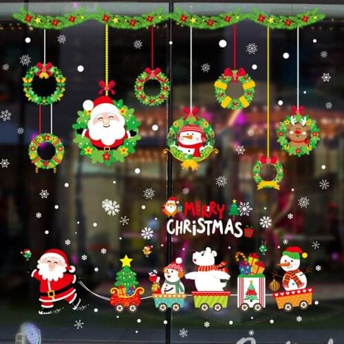 Tronzo Cartoon Christmas Stickers Santa Claus Hanging Shop Window Glass Door Decorative Wall Stickers Xmas gift Navidad 2019