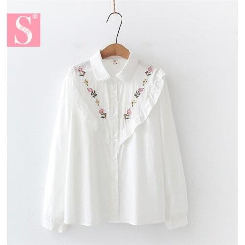STVY 2021 New Spring Autumn Fashion Women Flowers Embroidered Blouse Streetwear Clothing Femme Blusas White Cotton Shirts Top