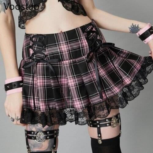 Gothic Lace-Up Lolita Style Skirts Women Sweet Pink Stripe Plaid Lace Pleated Mini Skirt Korean Girls Sexy Harajuku Punk Clothes