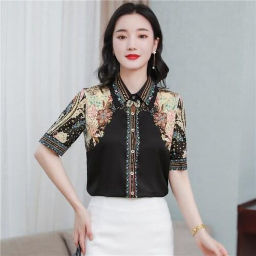 Woman Blouses Satin Silk Blouse Womens Short Sleeve Shirt Summer Fashion Printed Women Top Plus Size Camisas Mujer