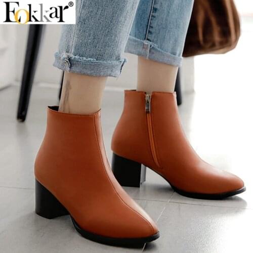 Eokkar 2020 Women Ankle Boots Square Toe Winter Bootw Women Shoes Dquare High Heel Warm Inside Zipper Ladies Boots Size 34-43