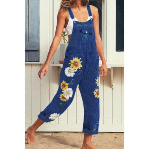 Women Long Trousers Print Denim Jumpsuit Romper Overalls Straps Jumpsuit Spring Ladies Casual Loose Plus Size Flower Jumpsuits