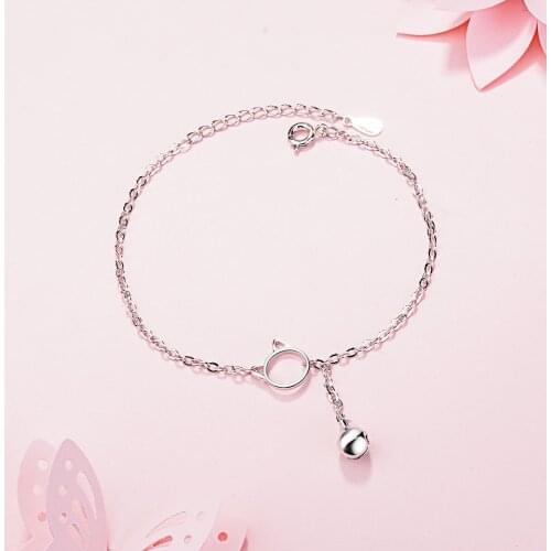 Lovely Women Girl Hand Jewelry Cute Bell Cat Link Chain Bracelet 925 Sterling Silver Bracelets For Ladies S-B140