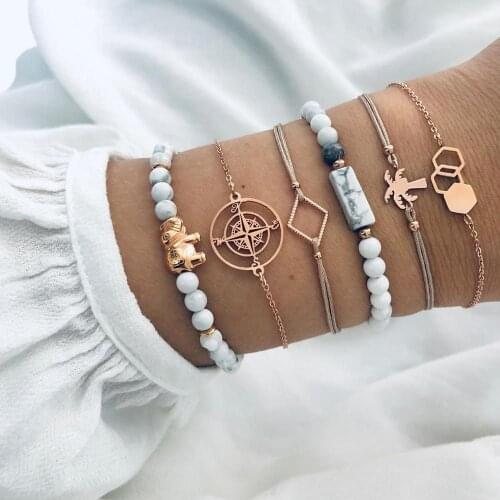 Boho Yoga Marble Stone Beads Bracelet Set For Women Elephant Compass Coconut Tree Molecule Pendant Bangle Bracelet Femme Jewelry
