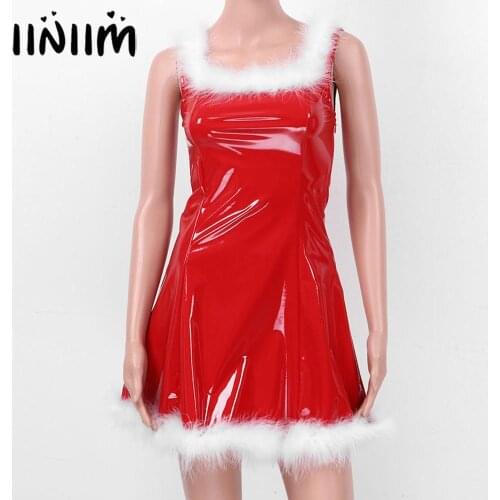Womens Mrs Santa Claus Fancy Dress Christmas Costume Outdoor Party Cosplay Clubwear White Feather Trim A-line Dress with Hat