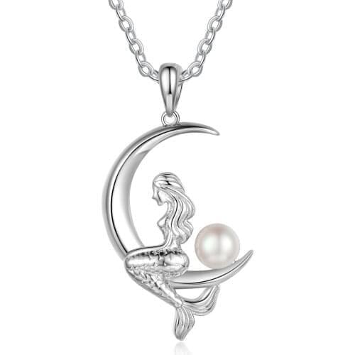 JewelOra New Silver Color Mermaid Necklaces for Women Unique Moon with Simulated Pearl Pendant Jewelry Wedding Party Gifts
