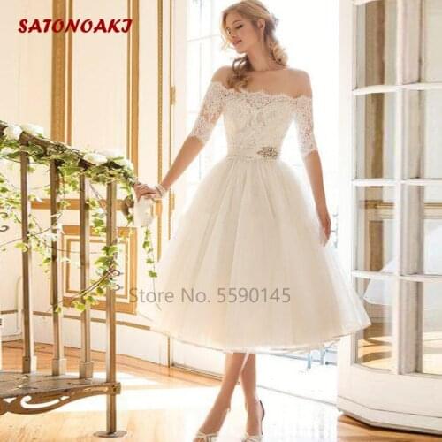 2020 Gorgeous Ivory Knee Length Wedding Dress A Line Off The Shoulder Lace Applique Bridal Gown Vestido De Novia Mariage Online