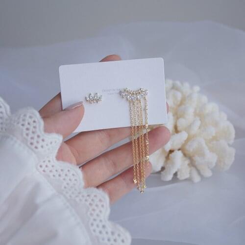 14k Real Gold Fashion Jewelry Crystal Long Chain Tassel Exquisite Asymmetric Earrings for Woman Holiday Party Elegant Earring