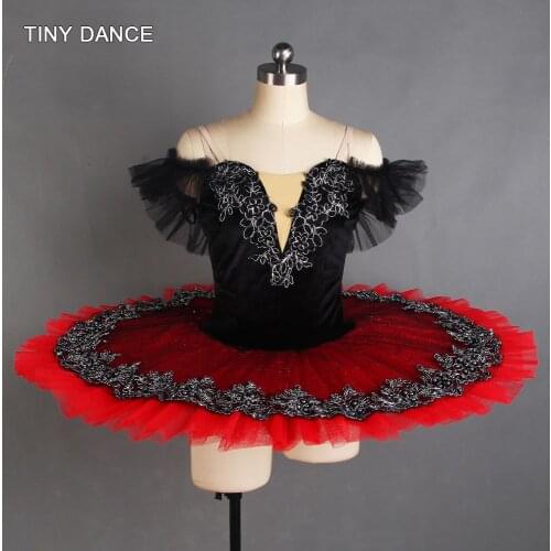 GDC Off-Shoulder Professional Ballet Dance Tutu Performance Costume Black Velvet Bodice with Red Pancake Tutu Skirt BLL044