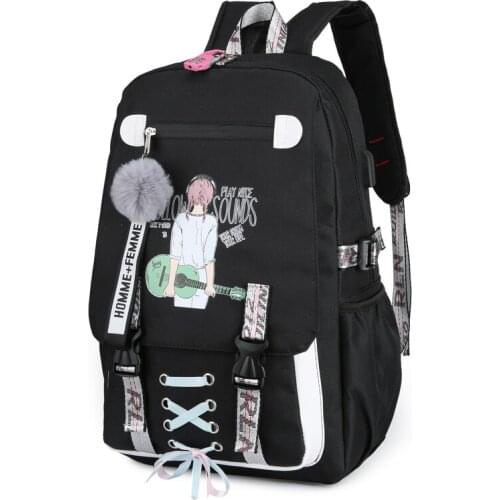Large Backpack School Bags for Teenage Girls Usb with Lock Anti Theft BackPack Youth Nylon Printing Black Bagpack Ribbon Fashion