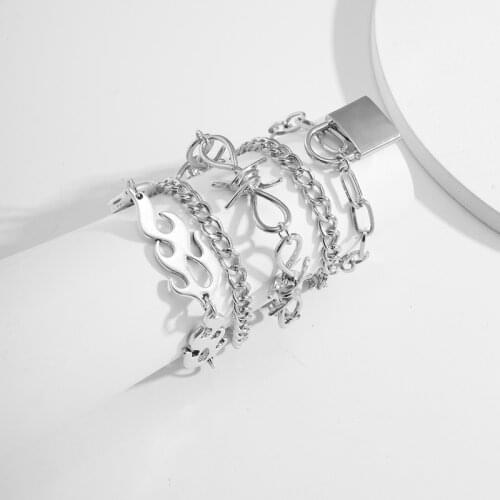 Lock Bangles Women Bracelet Set Chain Flame Charms Bracelets Fashion Couple Jewelry Vintage Silver Color Punk Metal Bransoletka