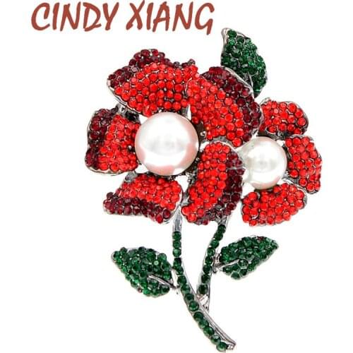 CINDY XIANG Rhinestone And Imitation Pearl Flower Brooches For Women Elegant Pin Red Blue Purple Crystal Brooch Wedding Jewelry