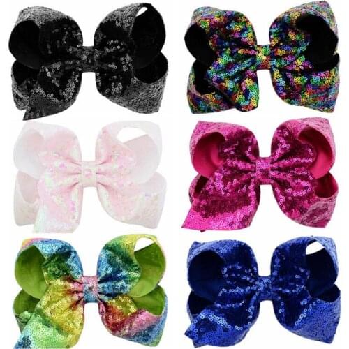 8" Large Sequin Hair Bows Ribbon Hair Bows With Clip Mix Colors For Girls Kids Children Gift 24Pcs/lot