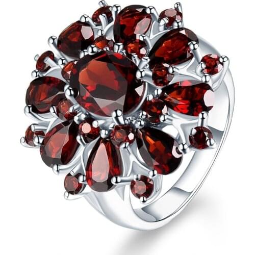 Creative Fashion Silver Color Inlaid Garnet Red Zircon Flower Shape Ring for Women Banquet Ring Jewelry Accessories Whole Sale