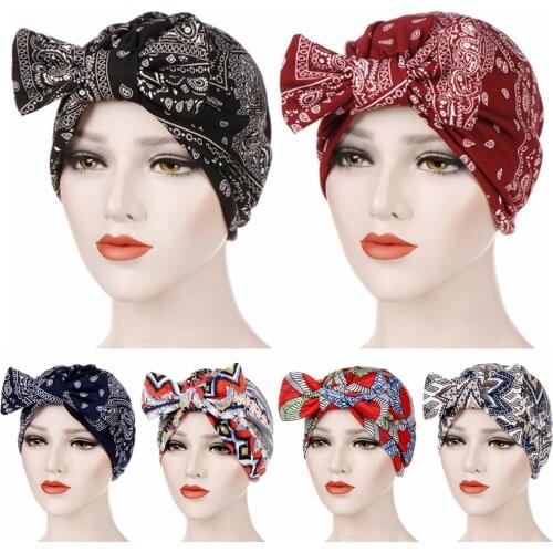 Bowknot Print Stretch Muslim Hijab Women Islamic Jersey Turban Cotton Hat Cancer Chemo Cap Head Wrap Beanie Scarf Hair Loss Cap