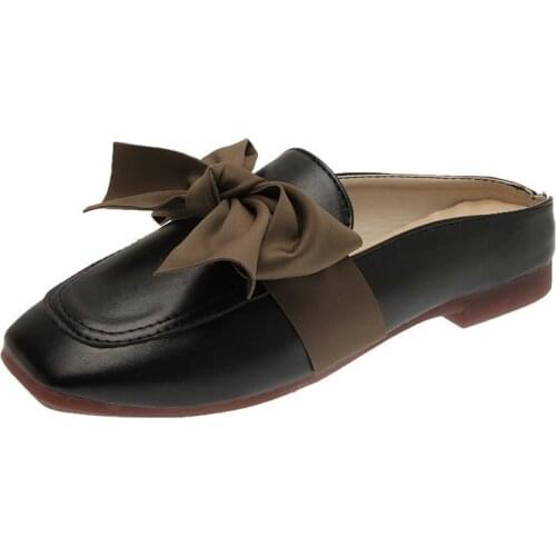Spring New Fashion Ladies Leisure Mules Slippers Women Lovely Butterfly-Knot Low Heel PU Slides Shoes Female Non-Slip Sandals