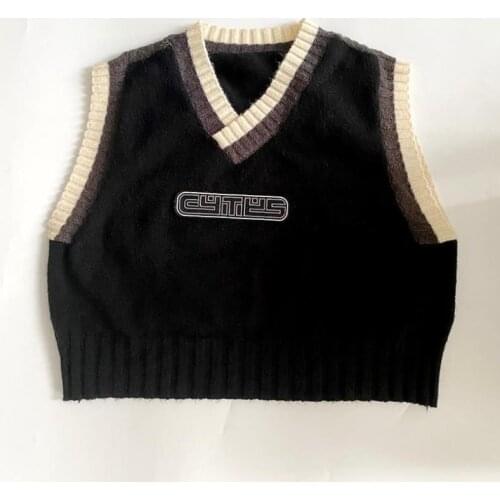 2021 New Preppy Style Women Girls V Neck Sweater Vest Top Casual Sleeveless Letter Pattern Loose Knit Tank Tops for Autumn Fall