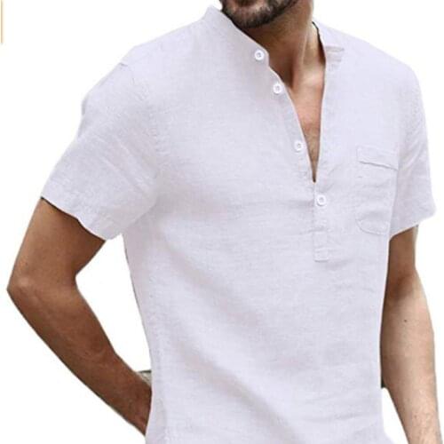 Summer New Mens Short-Sleeved T-shirt Cotton and Linen Led Casual Mens T-shirt Shirt Male Breathable Stand collar button M-3XL