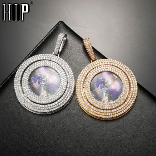 Hip Hop Custom Made Photo Big Round Rotating Iced Out Bling Cubic Zircon Necklace & Pendant For Men Women Jewelry