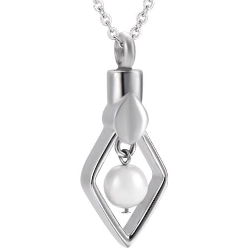 IJD9931 Stainless Steel Rhombus Inlay Pearl Cremation Pendant for Ashes Urn Keepsake Memorial Necklaces for Jewelry