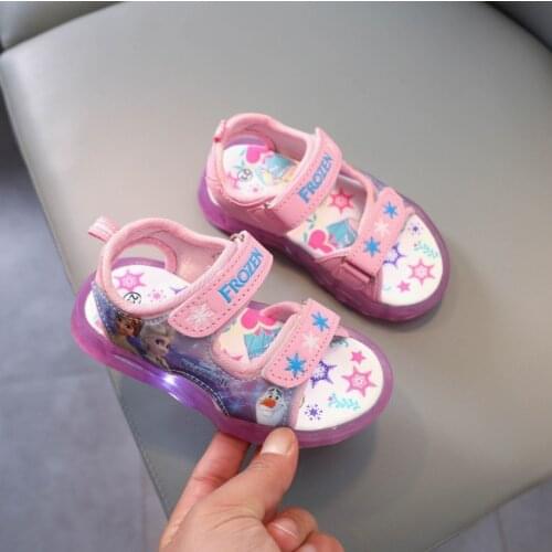 Disney Frozen Girls Lighted Sandals Summer Children Princess LED Non-slip Beach Shoes