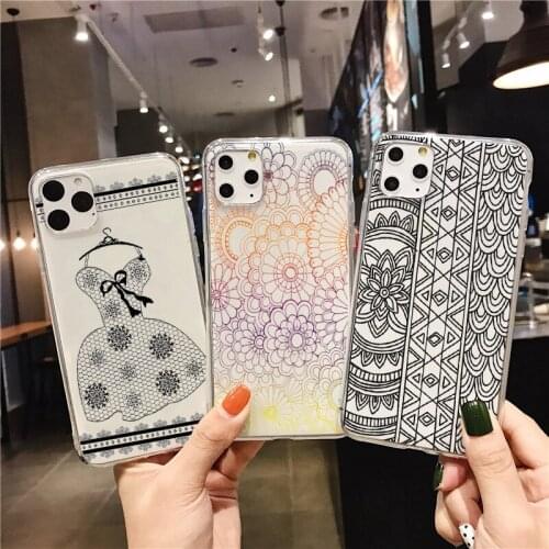 Black and white flowers TPU soft silicone phone case for iPhone 12pro 11Pro Max X XR XS Max 8 8Plus 7 7Plus 6s 6Plus 5 SE 12mini