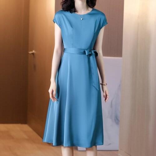 Blue Navy Red Satin Silk Dresses Women Fashion 2021 Summer Long Casual Sexy Office Work Daily Party Dress Plus Size Elegant