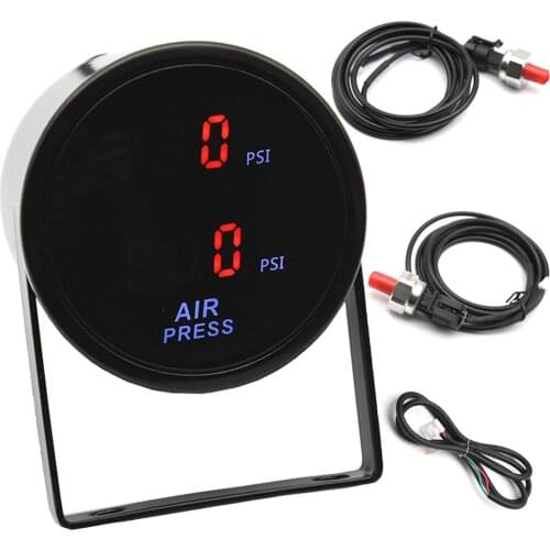 52mm Air Pressure Gauge + 2pcs 1/8 NPT Electrical Sensor + 2M Wires Blue LED PSI Dual Digital Display Air Ride Air Press Meter