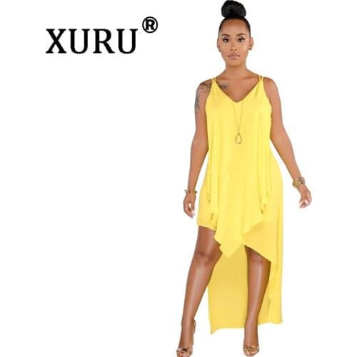XURU Summer Hot Sexy Chiffon Dress Classic Solid Color Beach Dress Pink Yellow Blue Dress
