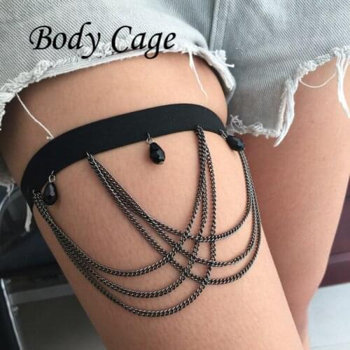 Body Cage 1pc Womens elasticity Harness Women Black beads tassel Garter Belt For Stockings Belt Suspender Sexy Bondage Harness