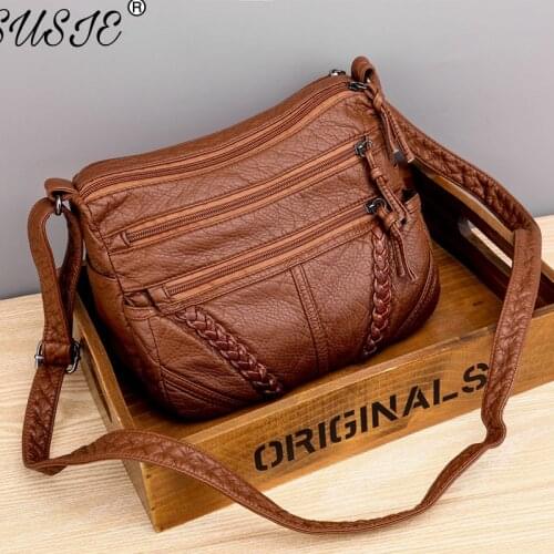 SUSIE 2021 Summer Fashion Vintage Soft PU Leather Fabric Women Shoulder Bags Many Pockets Simple Holiday Travel Crossbody Bag