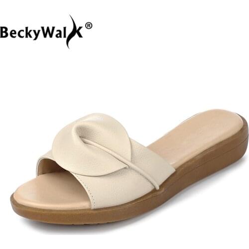 BeckyWalk Flowers Summer Leather Slippers Women Flat Sandals Shoes Woman Fashion Beach Slides Genuine Leather Flip Flops WSH2859