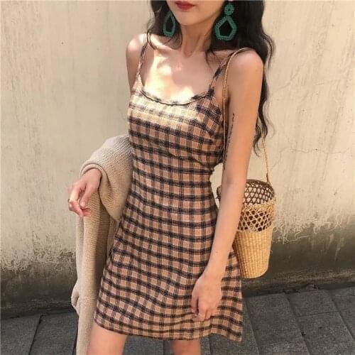 Retro Plaid Sexy Spaghetti Strap Bodycon Mini Dresses Women Casual Party Short Fashion Backless Everyday Female Dresses Vestido