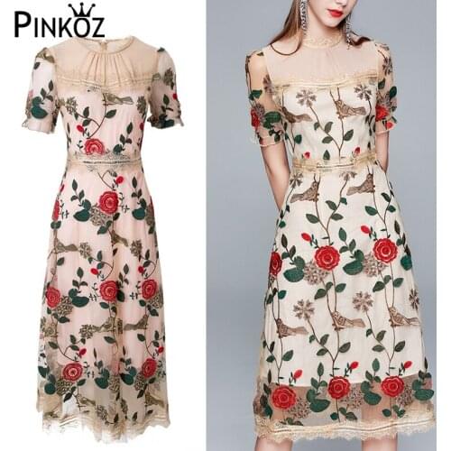 Pinkoz luxury floral embroidery mesh dress festa party robe rose flower elegant casual lady midi dress vintage vestidos summer