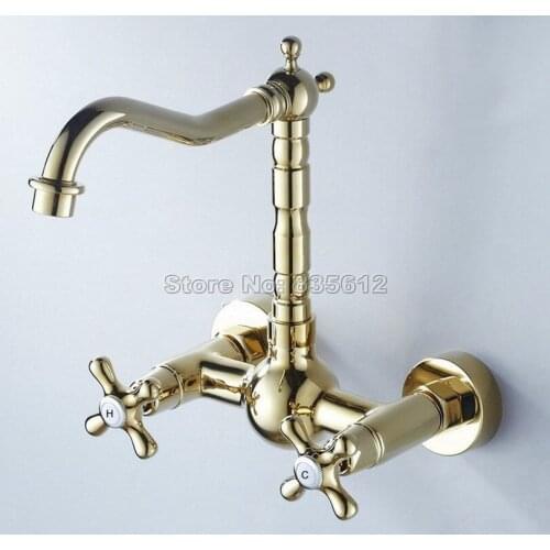 Gold Color Brass Swivel Spout Bathroom Basin Sink Faucet / Dual Handle Kitchen Vessel Sink Mixer Taps Wall Mounted Wgf054