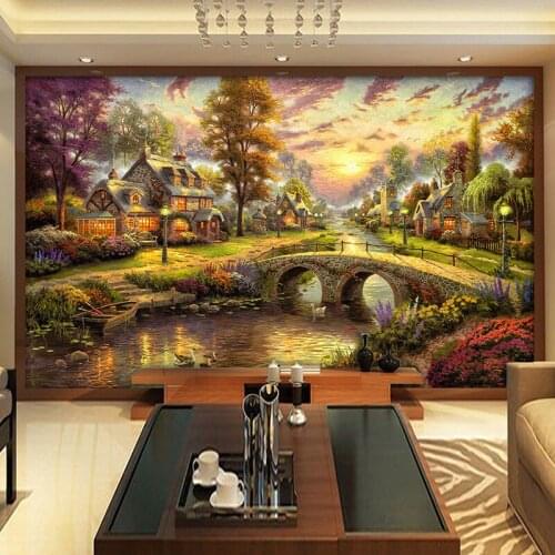 Dropship Custom 3D Mural Wallpaper Hand Painted European Style Forest Hut Night View Oil Gold Wallpaper Wallpaper for Kids Room
