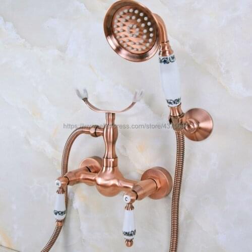 Antique Red Copper Wall Mounted Bathroom Basin Mixer Tap With Hand Shower Head Bath & Shower Faucet Nna355