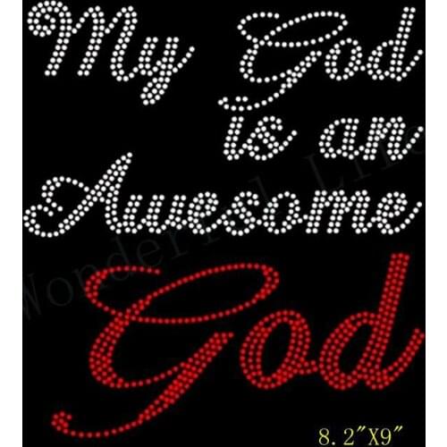 Free Shipping hot sale new l design MY GOD IS AN AWESOME GOD text Iron On Rhinestone Transfer