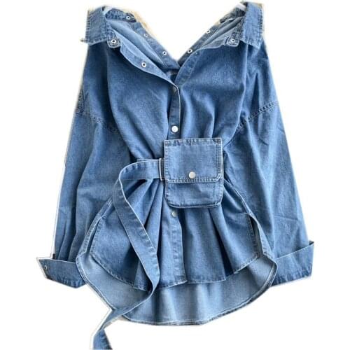 Blusas mujer de moda 2020 Streetwear Denim Shirt Women Spring and Autumn Backless Lace-up Waist Bag Fashion Jeans Blouse Ladies