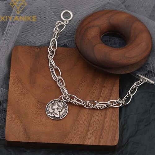 XIYANIKE 925 Sterling Silver Round Portrait Pendant Double Chain Bracelet Women Fashion Thick OT Buckle Handmade Jewelry Party