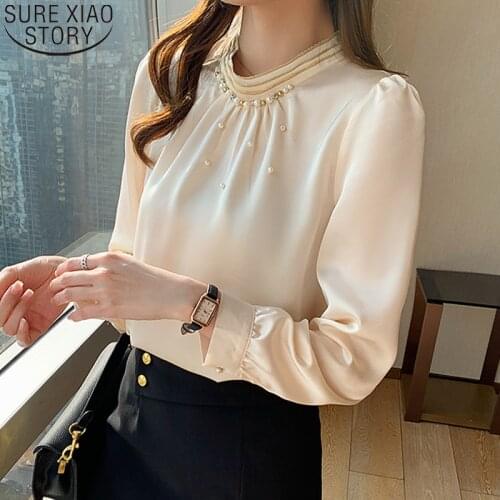 Elegant Loose Blouse Women Blouses Office Lady Shirt Autumn Stand Collar Long Sleeve Apricot Beading Chiffon Shirts Blusas 16390
