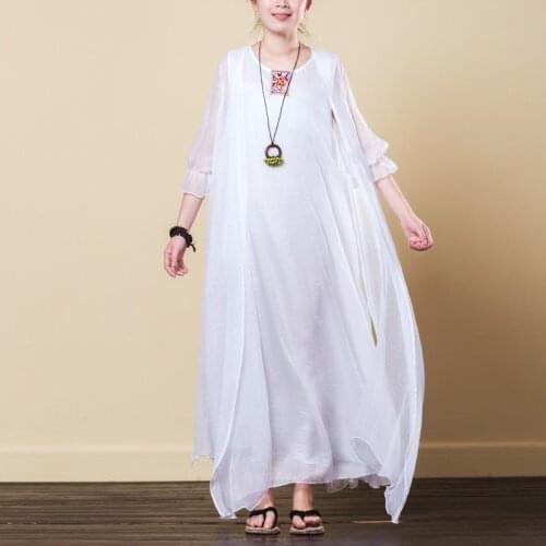 Ethnic Dresses Summer 2019 Meditation Robe Vintage Femme White Sleeveless O Neck Maxi Boho Dress Beach Vietnam Dress TA1670