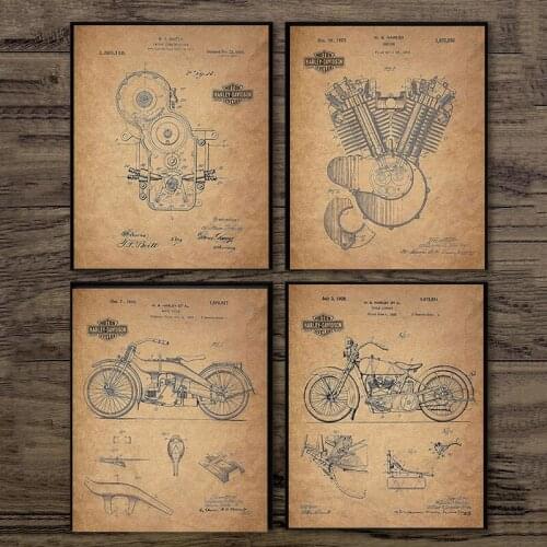 Motorcycle Design Sketch Canvas Painting Retro English Patent Figure Porch Study Bedroom Mans Room Living Room Decoration