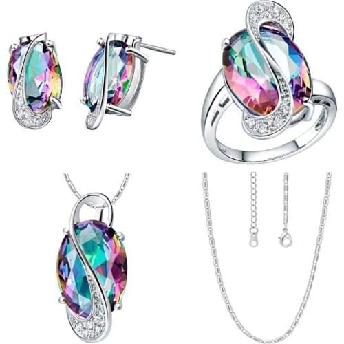 Fashion Women Rainbow Faux Topaz Pendant Necklace Earrings Ring Jewelry Set