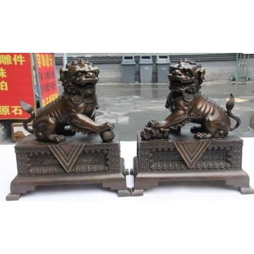 Royal palace Pure Bronze Copper Guardian Fu Foo Dog Lion Beast Statue Pair
